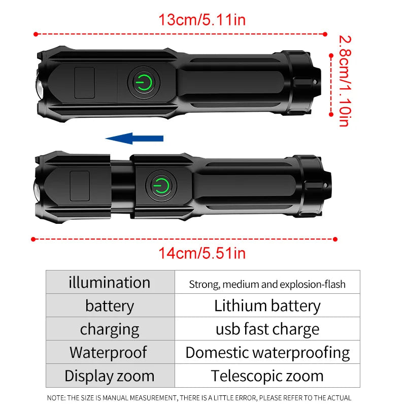 LED Telescopic Zoom Flashlight (USB Charging)